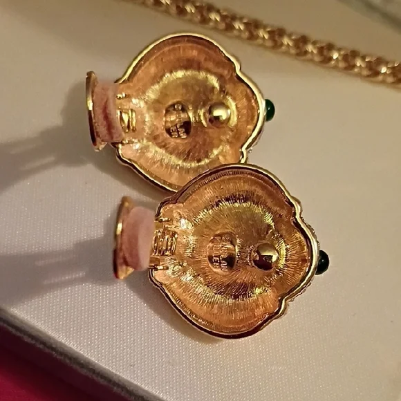 New NOLAN MILLER Gold / Rhinestones / Pink Heart Necklace And Earrings Set